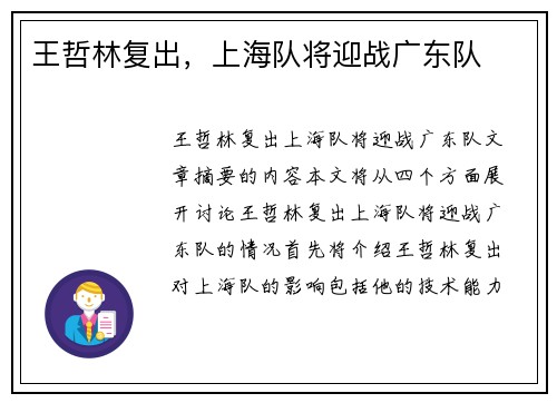 王哲林复出，上海队将迎战广东队